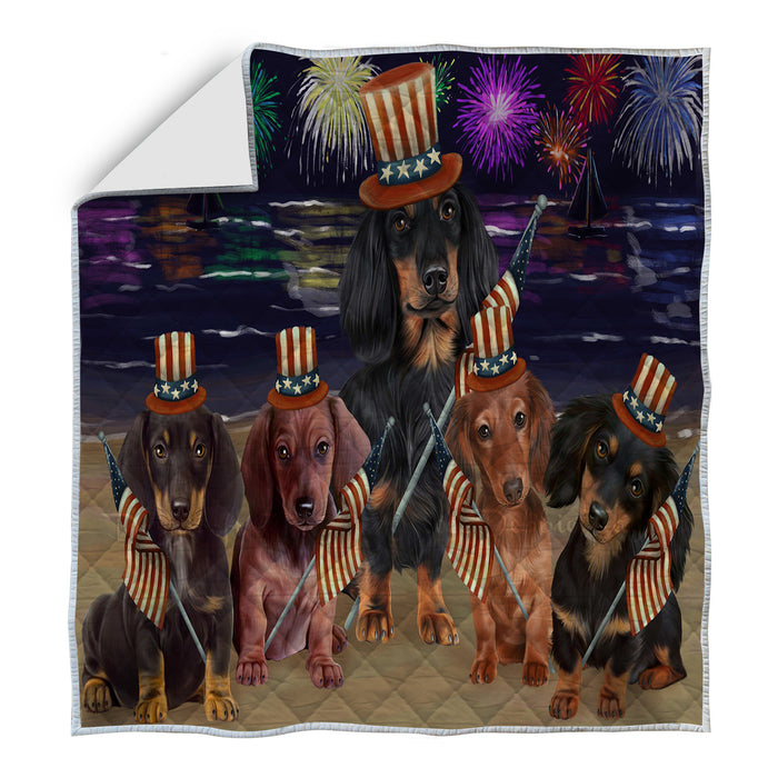 4th of July Independence Dachshund Dogs Quilt Bed Coverlet Bedspread - Pets Comforter Unique One-side Animal Printing - Soft Lightweight Durable Washable Polyester Quilt