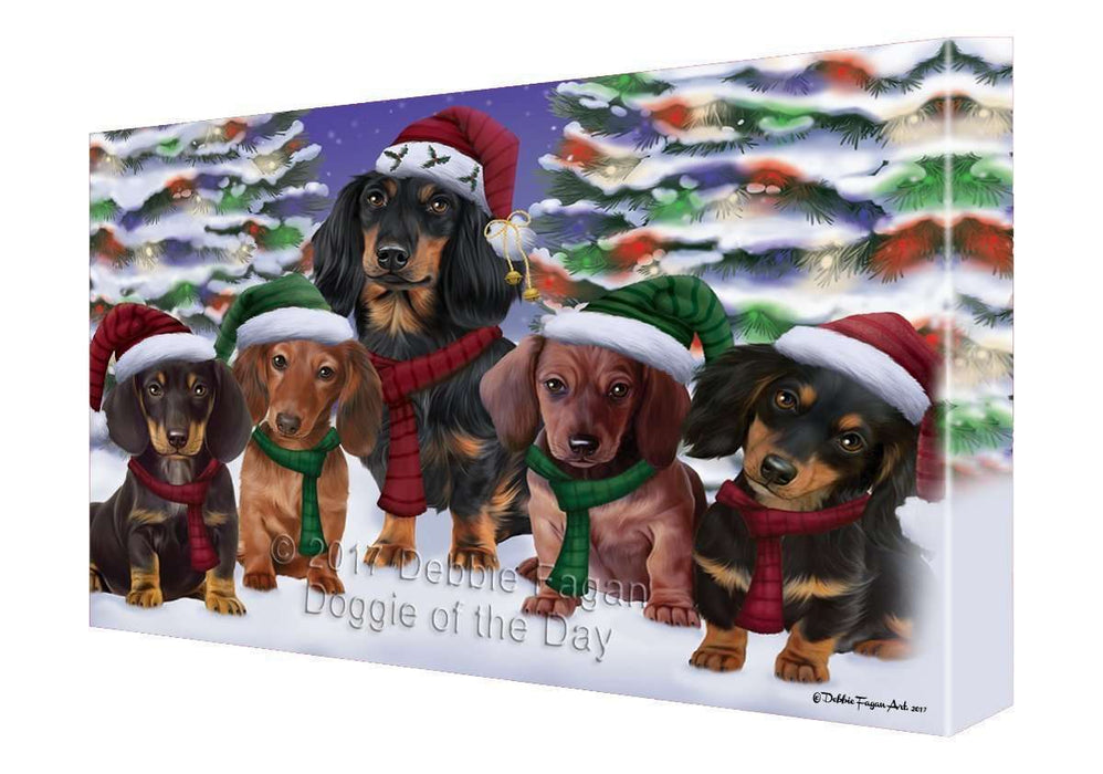 Dachshunds Dog Christmas Family Portrait in Holiday Scenic Background Canvas Wall Art