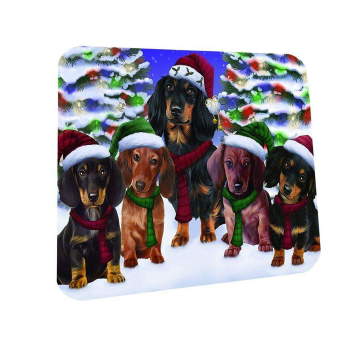 Dachshunds Dog Christmas Family Portrait in Holiday Scenic Background Coasters Set of 4