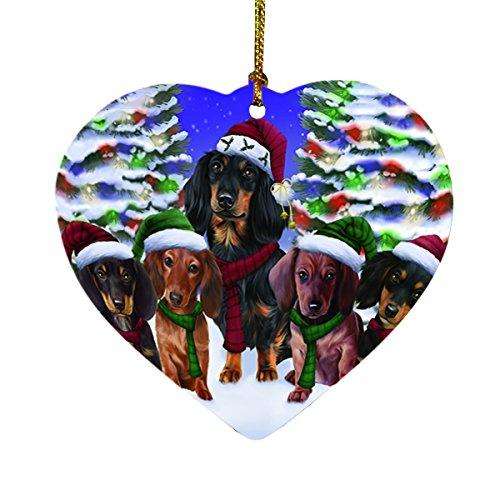 Dachshunds Dog Christmas Family Portrait in Holiday Scenic Background Heart Ornament D138