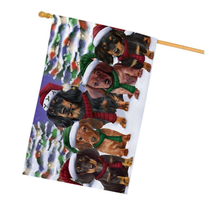 Dachshunds Dog Christmas Family Portrait in Holiday Scenic Background House Flag
