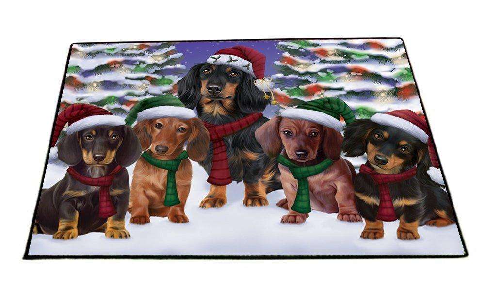 Dachshunds Dog Christmas Family Portrait in Holiday Scenic Background Indoor/Outdoor Floormat