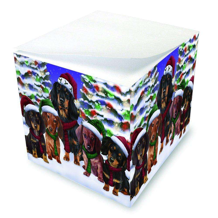 Dachshunds Dog Christmas Family Portrait in Holiday Scenic Background Note Cube D158