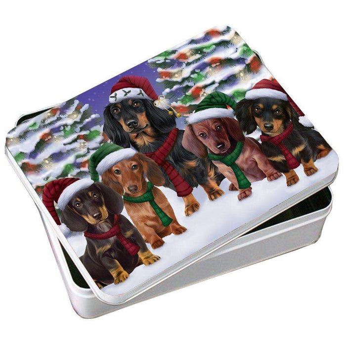 Dachshunds Dog Christmas Family Portrait in Holiday Scenic Background Photo Storage Tin