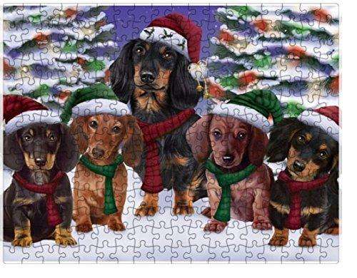 Dachshunds Dog Christmas Family Portrait in Holiday Scenic Background Puzzle with Photo Tin