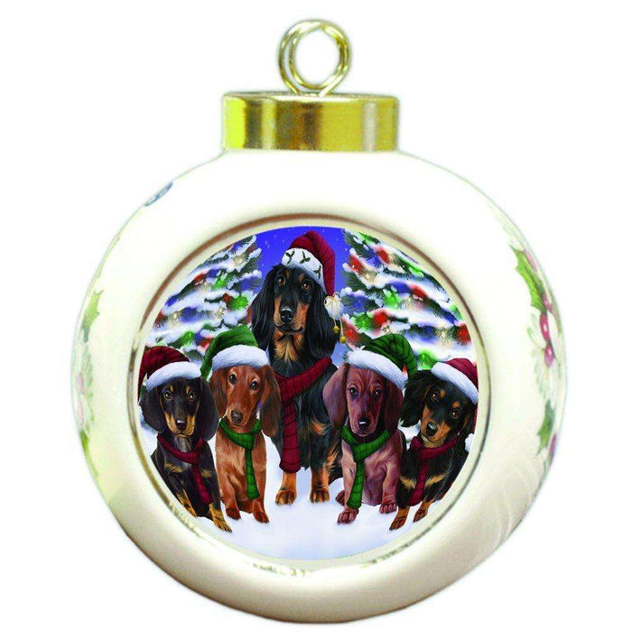 Dachshunds Dog Christmas Family Portrait in Holiday Scenic Background Round Ball Ornament D138