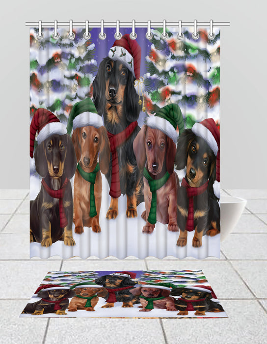 Dachshund Dogs Christmas Family Portrait in Holiday Scenic Background  Bath Mat and Shower Curtain Combo