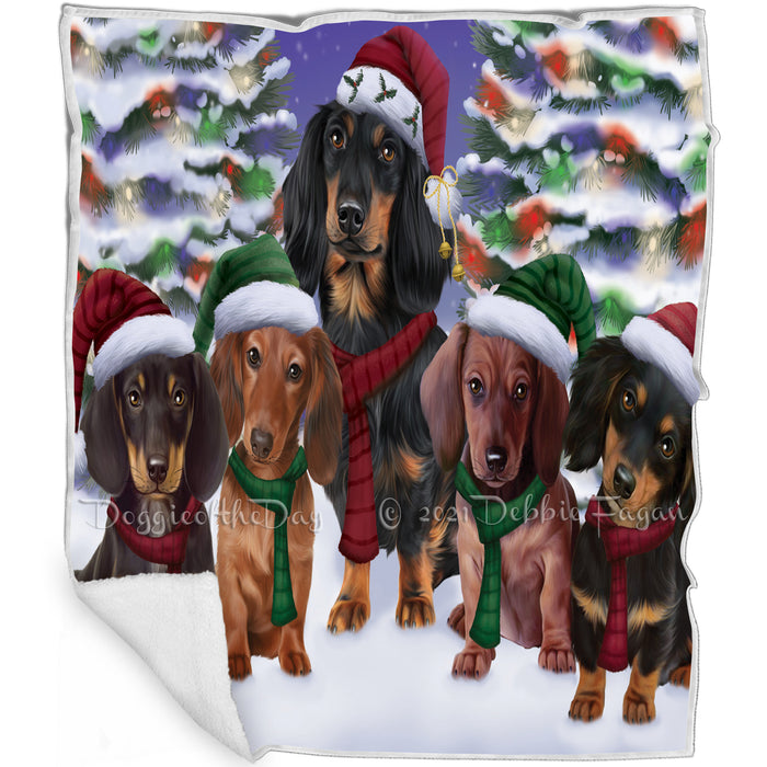 Dachshunds Dog Christmas Family Portrait in Holiday Scenic Background Art Portrait Print Woven Throw Sherpa Plush Fleece Blanket