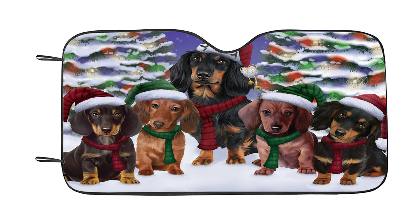 Dachshund Dogs Christmas Family Portrait in Holiday Scenic Background Car Sun Shade