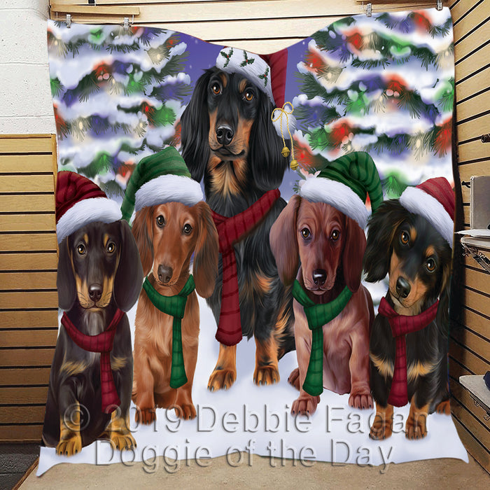 Dachshund Dogs Christmas Family Portrait in Holiday Scenic Background Quilt