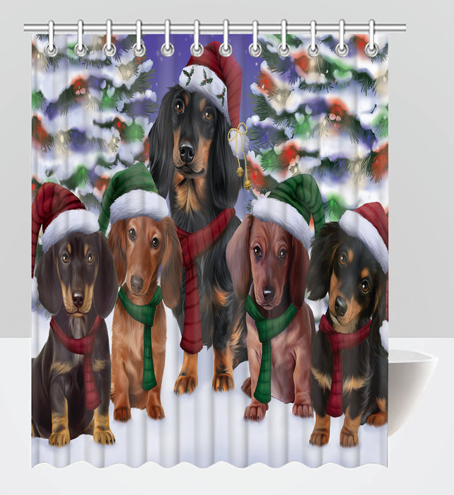 Dachshund Dogs Christmas Family Portrait in Holiday Scenic Background Shower Curtain