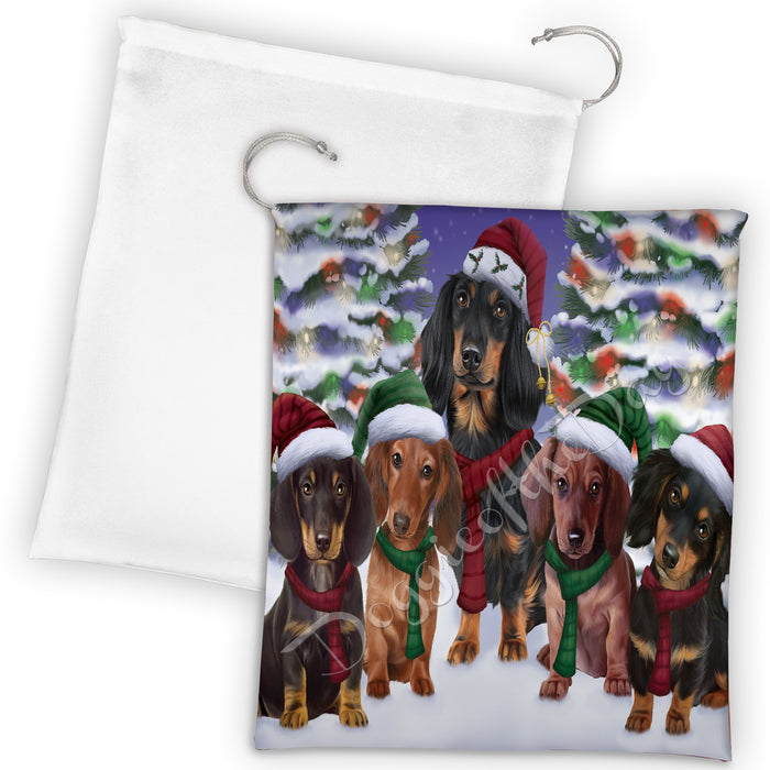 Dachshund Dogs Christmas Family Portrait in Holiday Scenic Background Drawstring Laundry or Gift Bag LGB48138