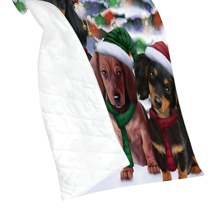 Dachshund Dogs Christmas Family Portrait in Holiday Scenic Background Quilt
