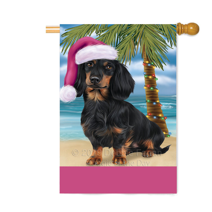 Personalized Summertime Happy Holidays Christmas Dachshund Dog on Tropical Island Beach Custom House Flag FLG-DOTD-A60525