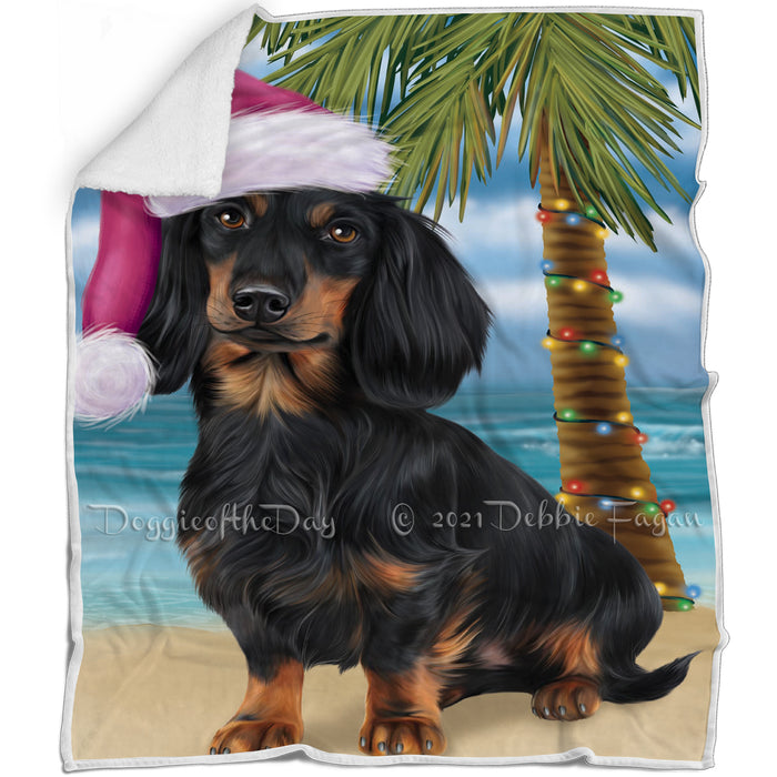 Summertime Happy Holidays Christmas Dachshunds Dog on Tropical Island Beach Blanket