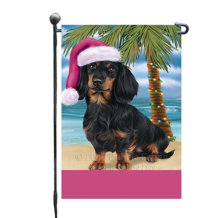 Personalized Summertime Happy Holidays Christmas Dachshund Dog on Tropical Island Beach  Custom Garden Flags GFLG-DOTD-A60469