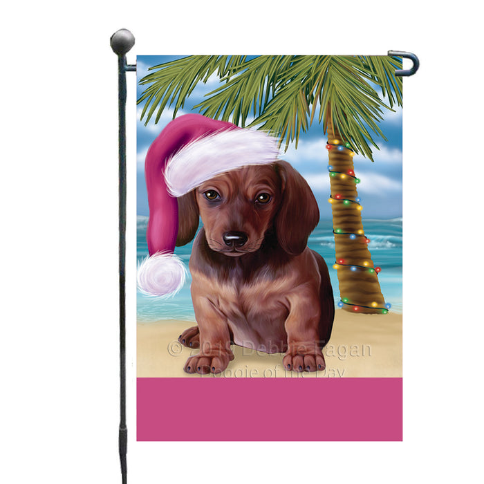 Personalized Summertime Happy Holidays Christmas Dachshund Dog on Tropical Island Beach  Custom Garden Flags GFLG-DOTD-A60470