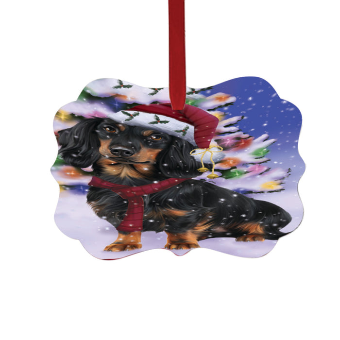 Winterland Wonderland Dachshund Dog In Christmas Holiday Scenic Background Double-Sided Photo Benelux Christmas Ornament LOR49568