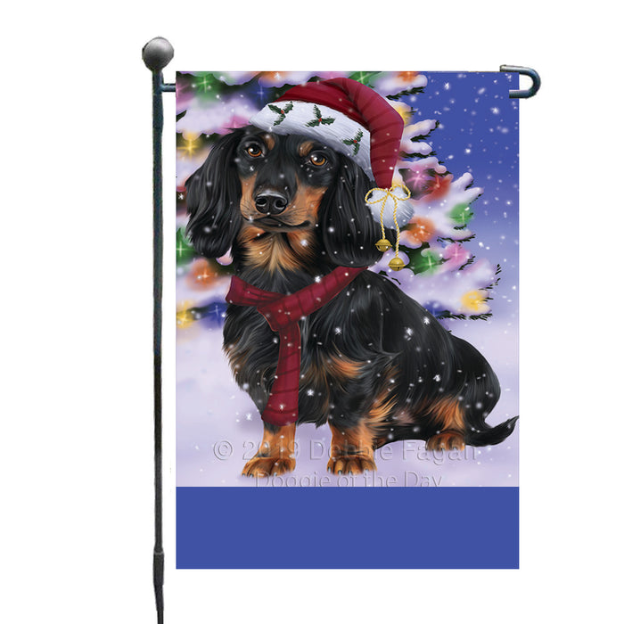Personalized Winterland Wonderland Dachshund Dog In Christmas Holiday Scenic Background Custom Garden Flags GFLG-DOTD-A61305