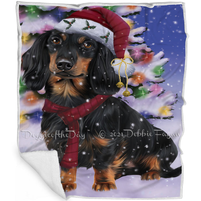 Winterland Wonderland Dachshunds Adult Dog In Christmas Holiday Scenic Background Blanket