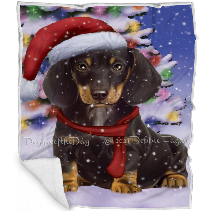 Winterland Wonderland Dachshunds Puppy Dog In Christmas Holiday Scenic Background Blanket