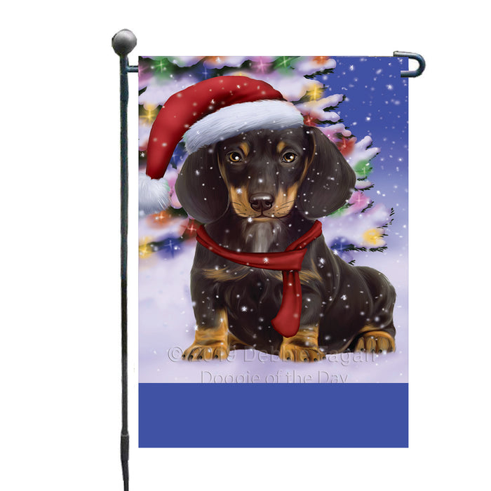 Personalized Winterland Wonderland Dachshund Dog In Christmas Holiday Scenic Background Custom Garden Flags GFLG-DOTD-A61306