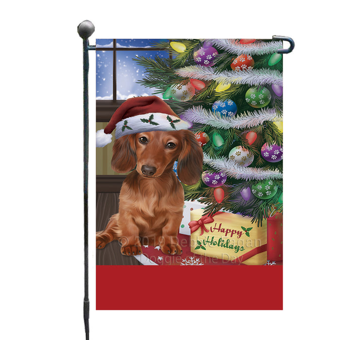 Personalized Christmas Happy Holidays Dachshund Dog with Tree and Presents Custom Garden Flags GFLG-DOTD-A58627