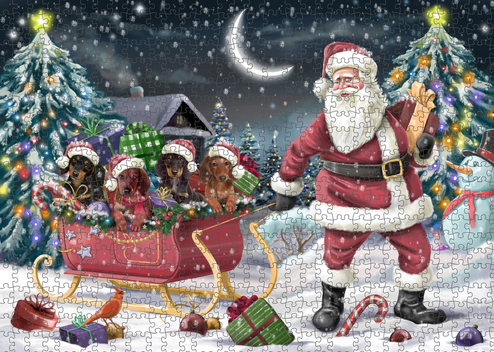 Christmas Santa Sled Dachshund Dogs Portrait Jigsaw Puzzle for Adults Animal Interlocking Puzzle Game Unique Gift for Dog Lover's with Metal Tin Box
