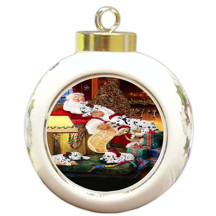 Dalmatian Dog and Puppies Sleeping with Santa Round Ball Christmas Ornament