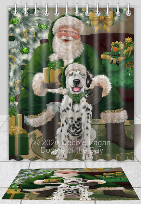 Christmas Irish Santa with Gift Dalmatian Dog Bath Mat and Shower Curtain Combo