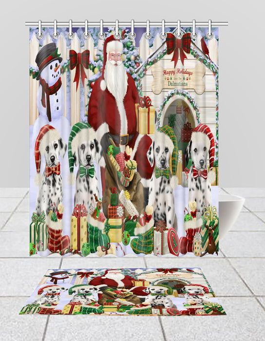 Happy Holidays Christmas Dalmatian Dogs House Gathering Bath Mat and Shower Curtain Combo