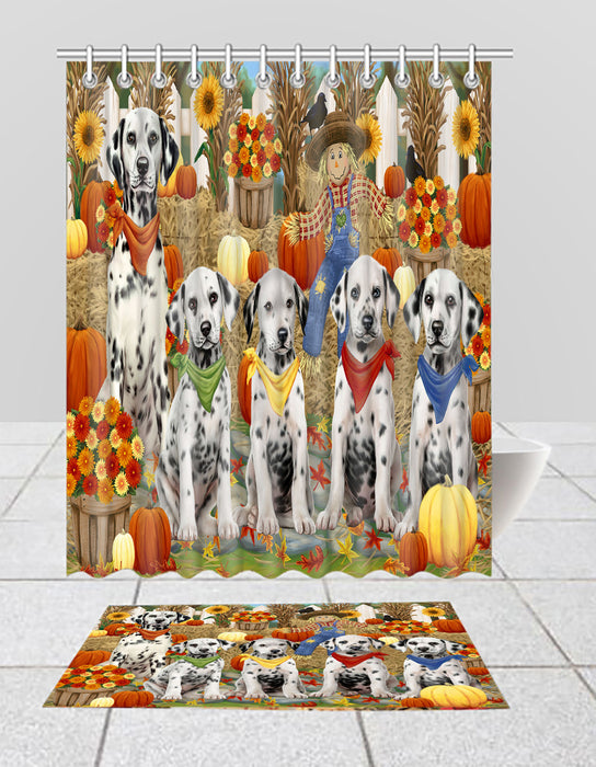 Fall Festive Harvest Time Gathering Dalmatian Dogs Bath Mat and Shower Curtain Combo