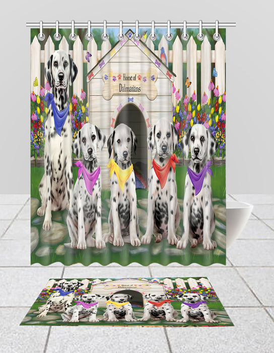 Spring Dog House Dalmatian Dogs Bath Mat and Shower Curtain Combo