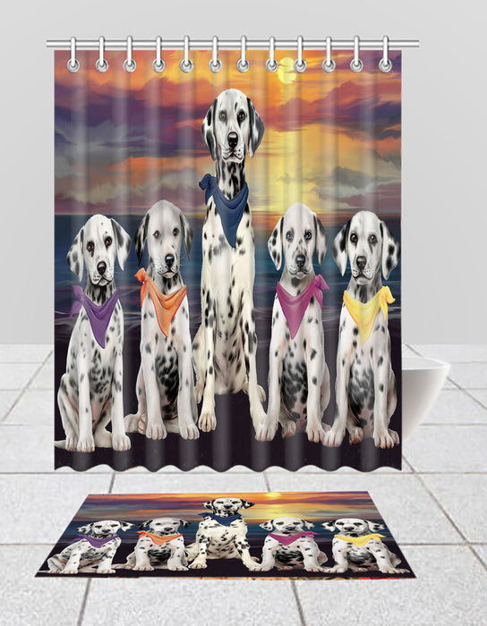 Family Sunset Portrait Dalmatian Dogs Bath Mat and Shower Curtain Combo