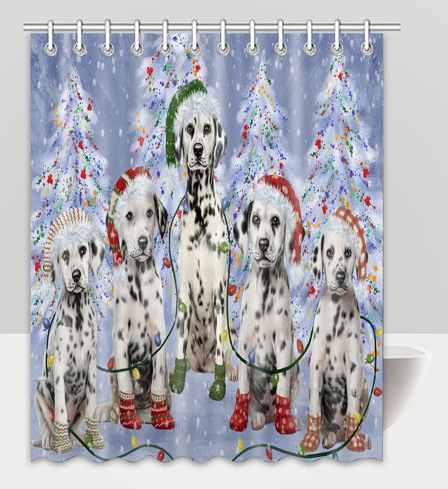 Christmas Lights and Dalmatian Dogs Shower Curtain Pet Painting Bathtub Curtain Waterproof Polyester One-Side Printing Decor Bath Tub Curtain for Bathroom with Hooks