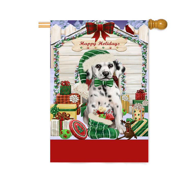 Personalized Happy Holidays Christmas Dalmatian Dog House with Presents Custom House Flag FLG-DOTD-A59374