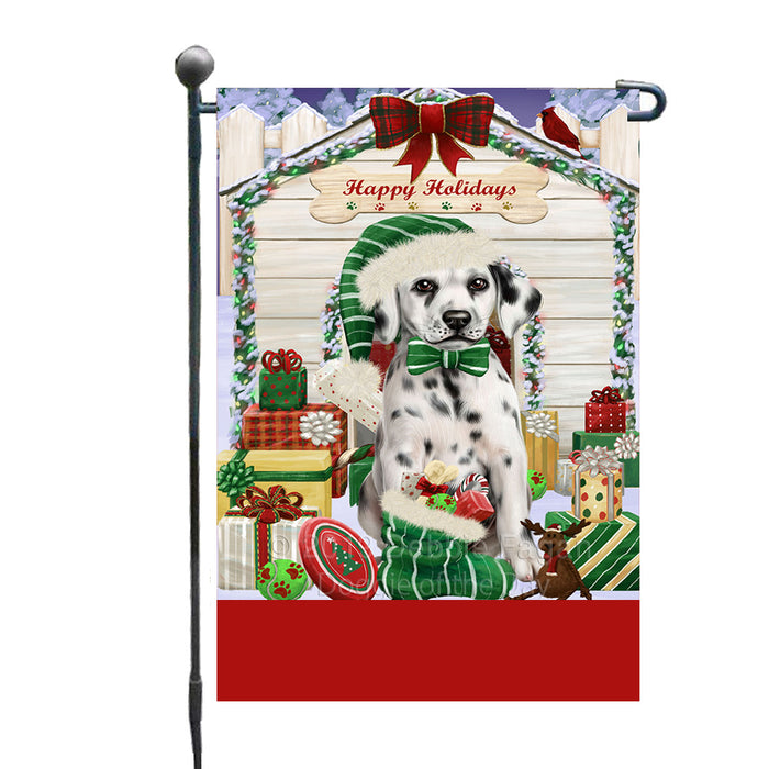 Personalized Happy Holidays Christmas Dalmatian Dog House with Presents Custom Garden Flags GFLG-DOTD-A59318