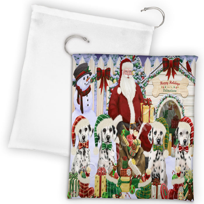 Happy Holidays Christmas Dalmatian Dogs House Gathering Drawstring Laundry or Gift Bag LGB48042