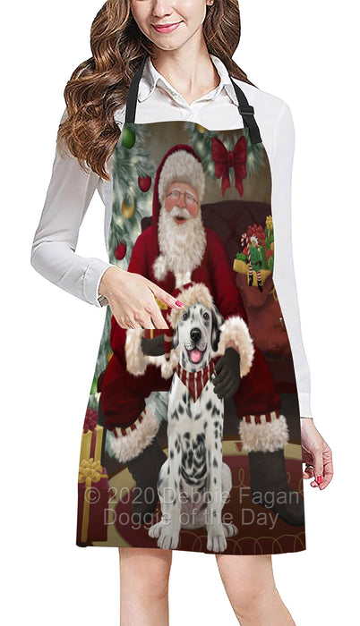 Santa's Christmas Surprise Dalmatian Dog Apron - Adjustable Long Neck Bib for Adults - Waterproof Polyester Fabric With 2 Pockets - Chef Apron for Cooking, Dish Washing, Gardening, and Pet Grooming