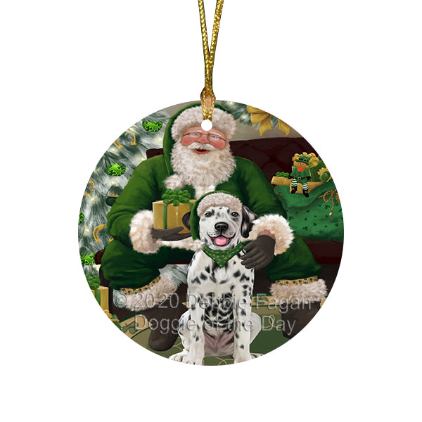 Christmas Irish Santa with Gift and Dalmatian Dog Round Flat Christmas Ornament RFPOR57920