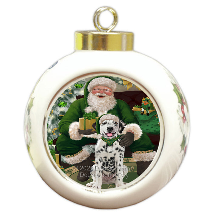 Christmas Irish Santa with Gift and Dalmatian Dog Round Ball Christmas Ornament RBPOR57920
