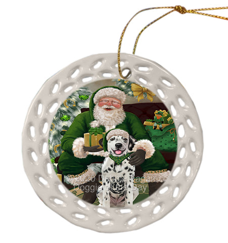 Christmas Irish Santa with Gift and Dalmatian Dog Doily Ornament DPOR59482
