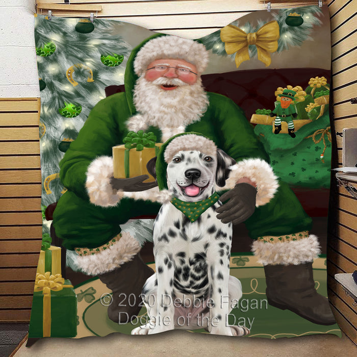 Christmas Irish Santa with Gift and Dalmatian Dog Quilt Bed Coverlet Bedspread - Pets Comforter Unique One-side Animal Printing - Soft Lightweight Durable Washable Polyester Quilt
