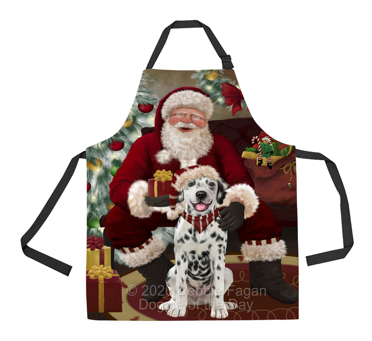 Santa's Christmas Surprise Dalmatian Dog Apron - Adjustable Long Neck Bib for Adults - Waterproof Polyester Fabric With 2 Pockets - Chef Apron for Cooking, Dish Washing, Gardening, and Pet Grooming