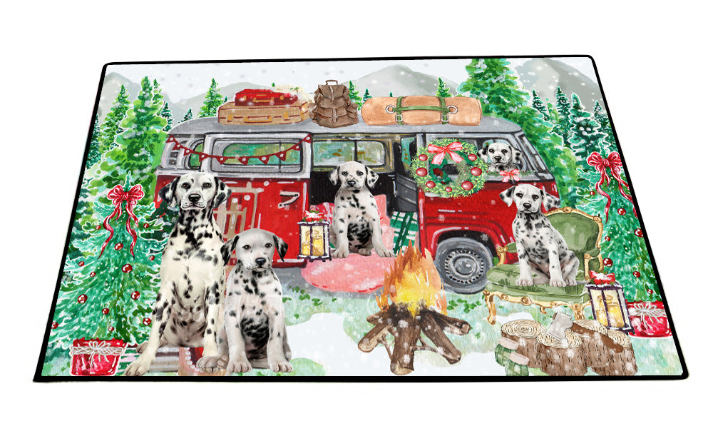 Christmas Time Camping with Dalmatian Dogs Floor Mat- Anti-Slip Pet Door Mat Indoor Outdoor Front Rug Mats for Home Outside Entrance Pets Portrait Unique Rug Washable Premium Quality Mat