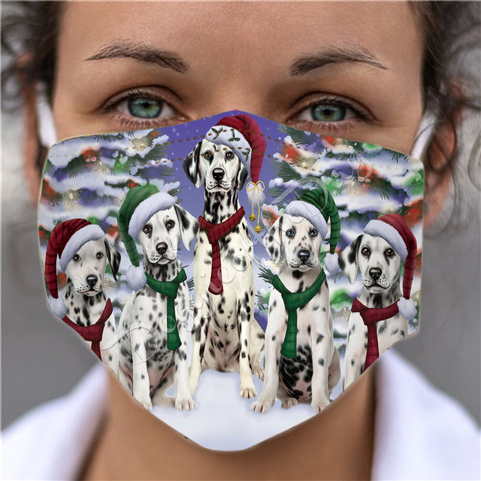 Dalmatian Dogs Christmas Family Portrait in Holiday Scenic Background Face Mask FM48341
