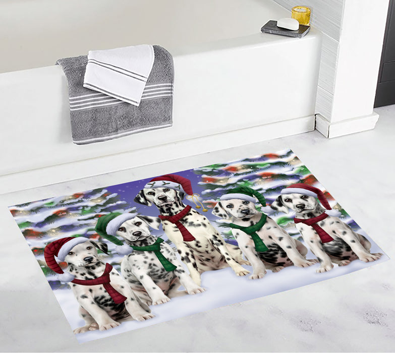 Dalmatian Dogs Christmas Family Portrait in Holiday Scenic Background Bath Mat
