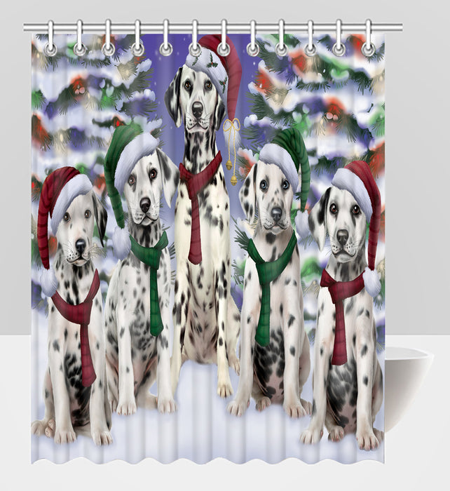 Dalmatian Dogs Christmas Family Portrait in Holiday Scenic Background Shower Curtain