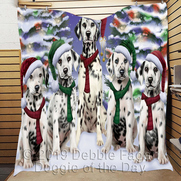 Dalmatian Dogs Christmas Family Portrait in Holiday Scenic Background Quilt