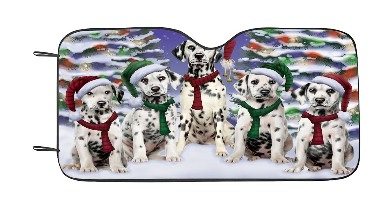 Dalmatian Dogs Christmas Family Portrait in Holiday Scenic Background Car Sun Shade